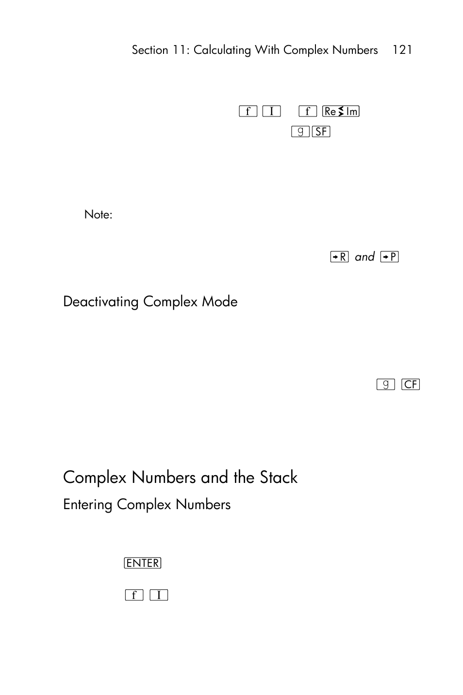 Deactivating complex mode, Complex numbers and the stack, Entering complex numbers | HP 15c User Manual | Page 121 / 288