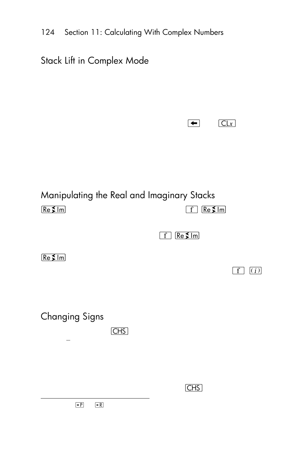 Manipulating the real and imaginary stacks, Changing signs, Stack lift in complex mode | HP 15c User Manual | Page 124 / 288