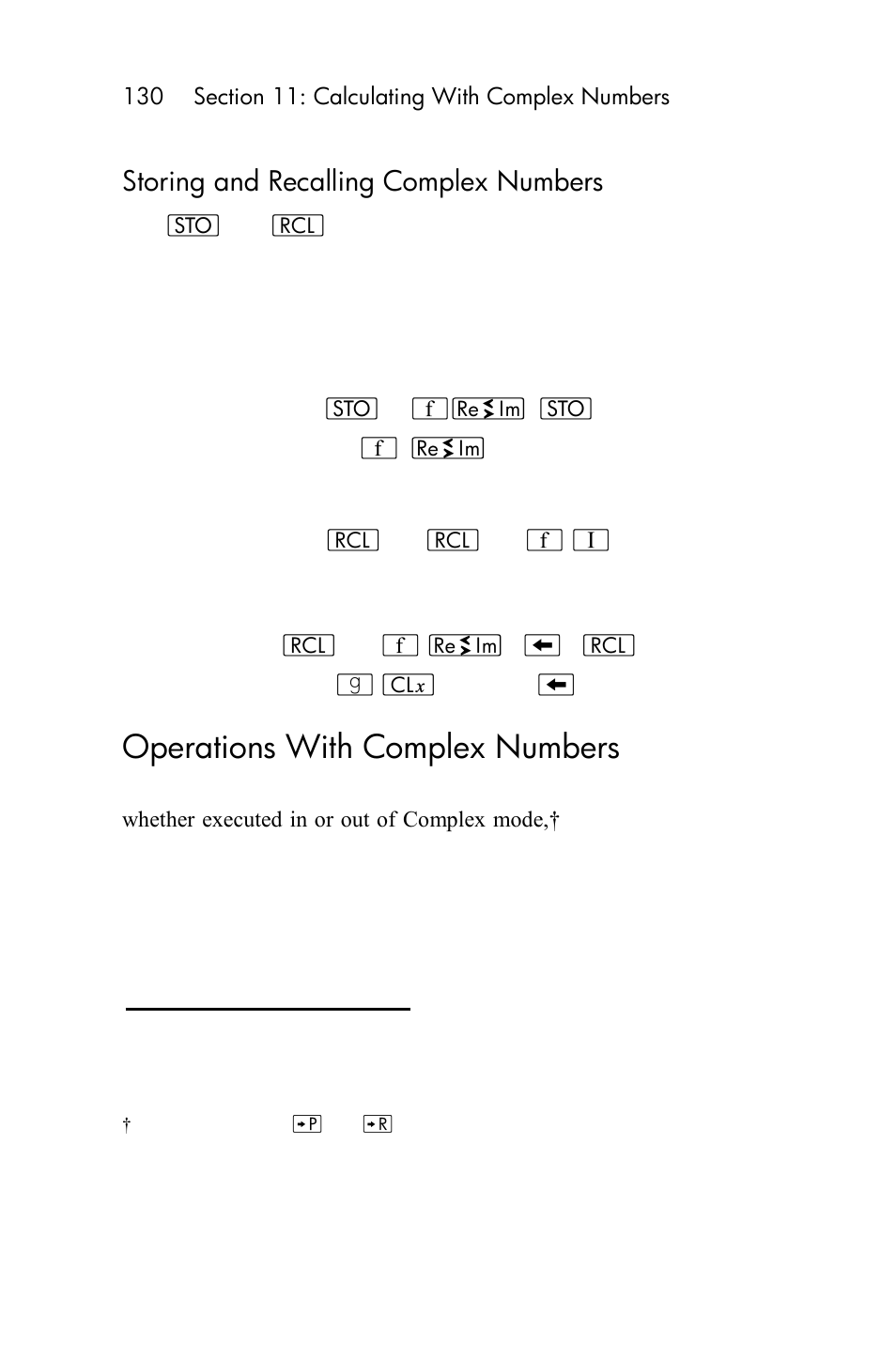 Operations with complex numbers, One-number functions, Storing and recalling complex numbers | HP 15c User Manual | Page 130 / 288