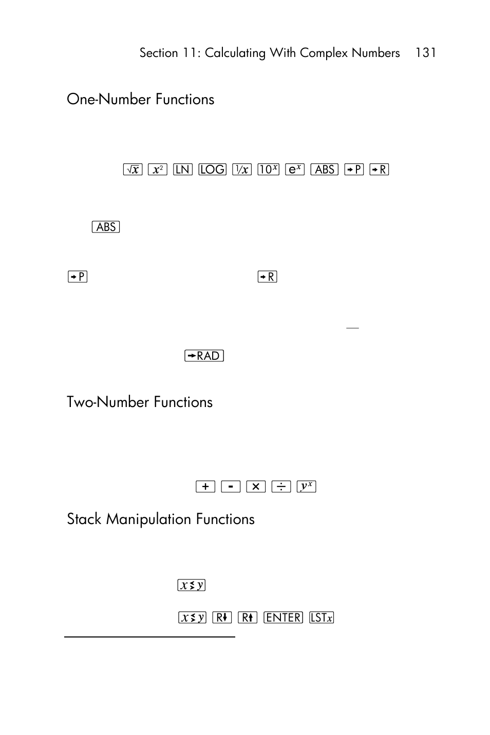 Two-number functions, Stack manipulation functions, Conditional tests | One-number functions | HP 15c User Manual | Page 131 / 288