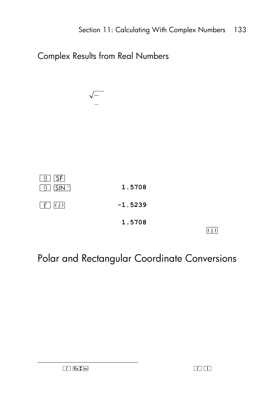 Polar and rectangular coordinate conversions, Complex results from real numbers | HP 15c User Manual | Page 133 / 288