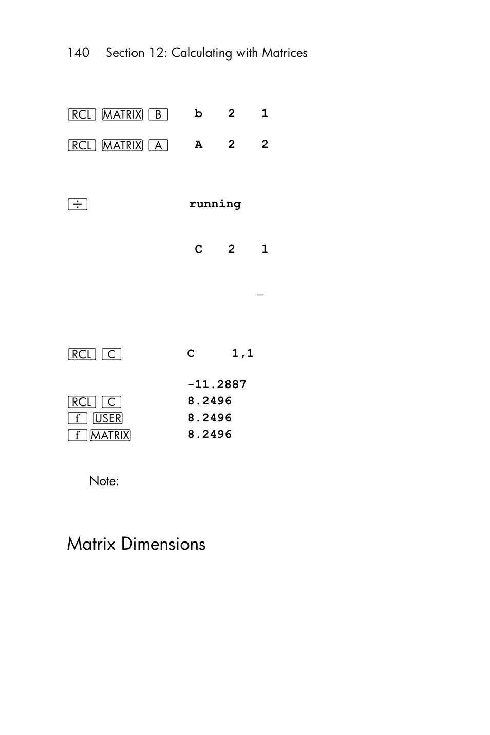 Matrix dimensions | HP 15c User Manual | Page 140 / 288