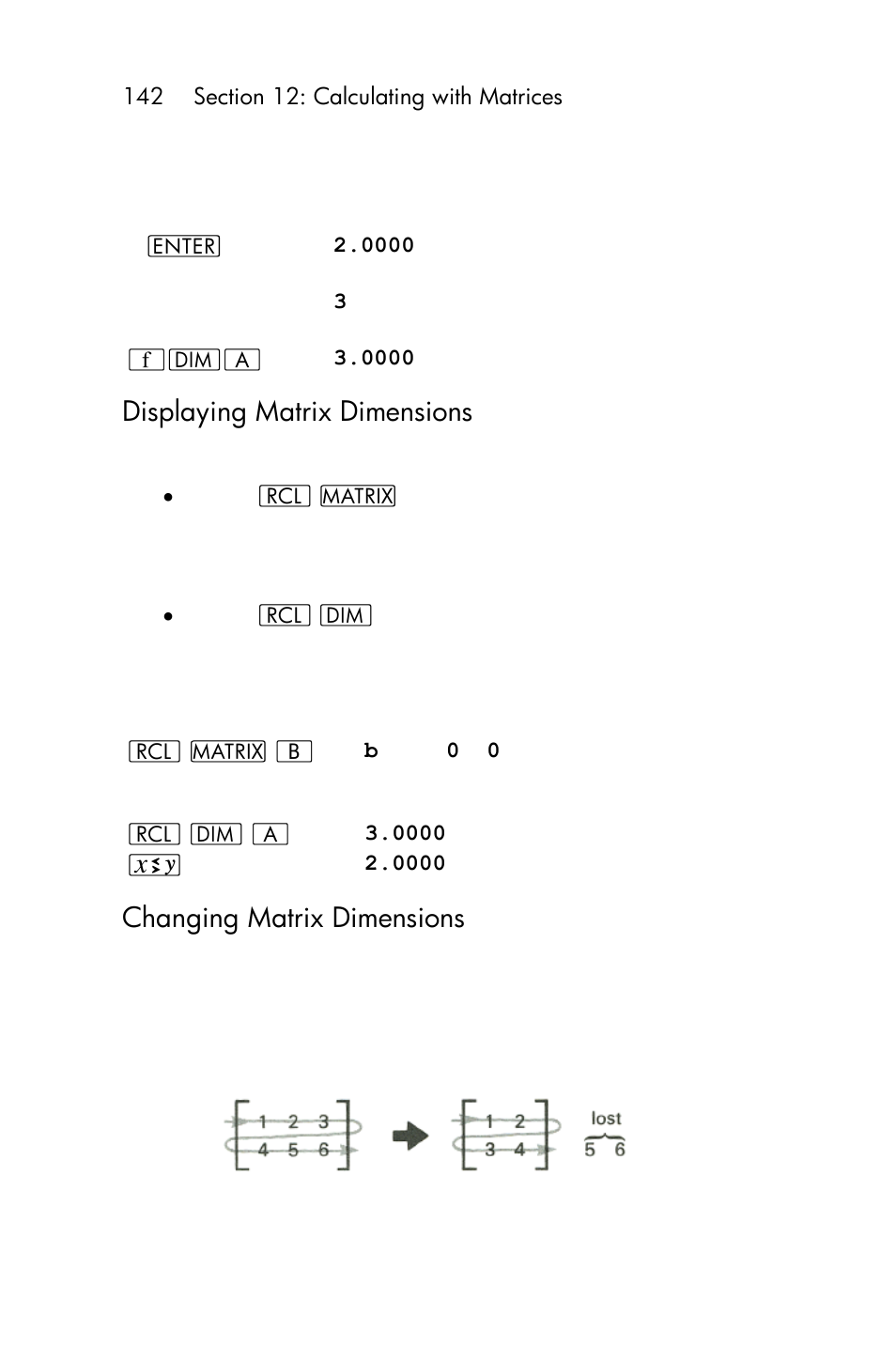 Displaying matrix dimensions, Changing matrix dimensions | HP 15c User Manual | Page 142 / 288