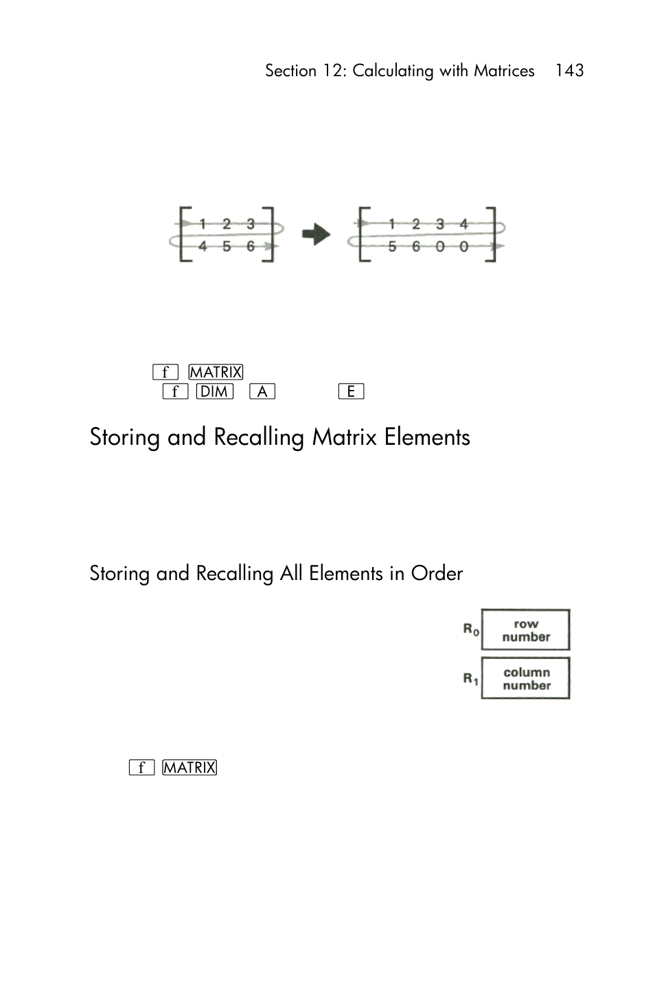 Storing and recalling matrix elements, Storing and recalling all elements in order | HP 15c User Manual | Page 143 / 288