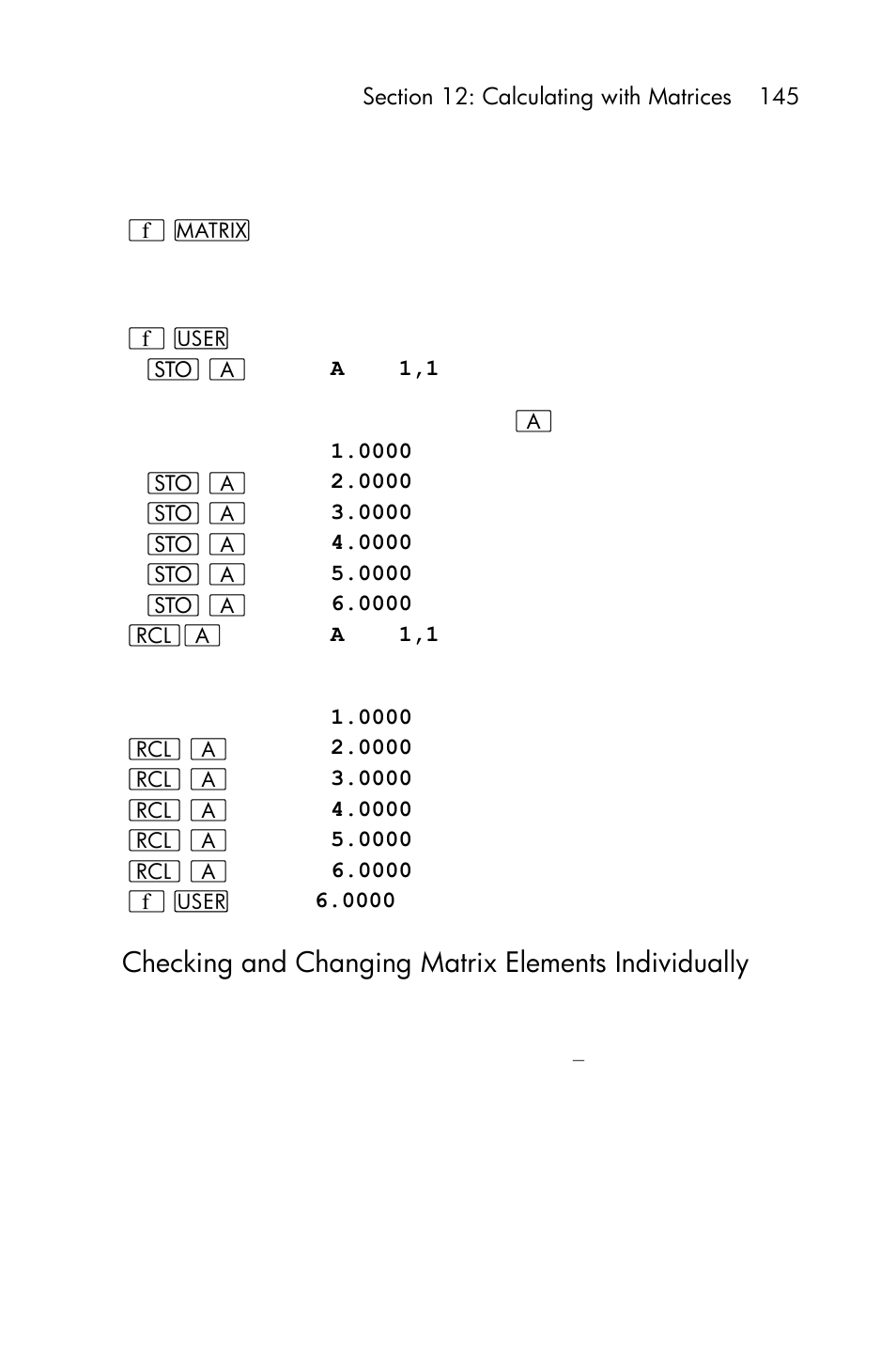 Checking and changing matrix elements individually | HP 15c User Manual | Page 145 / 288