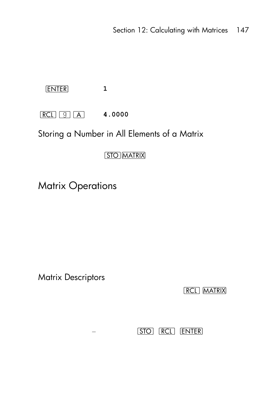 Storing a number in all elements of a matrix, Matrix operations, Matrix descriptors | HP 15c User Manual | Page 147 / 288