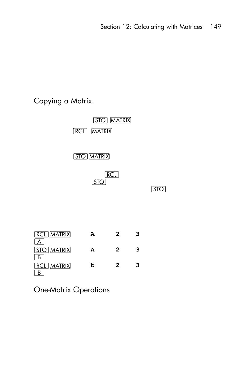 Copying a matrix, One-matrix operations | HP 15c User Manual | Page 149 / 288