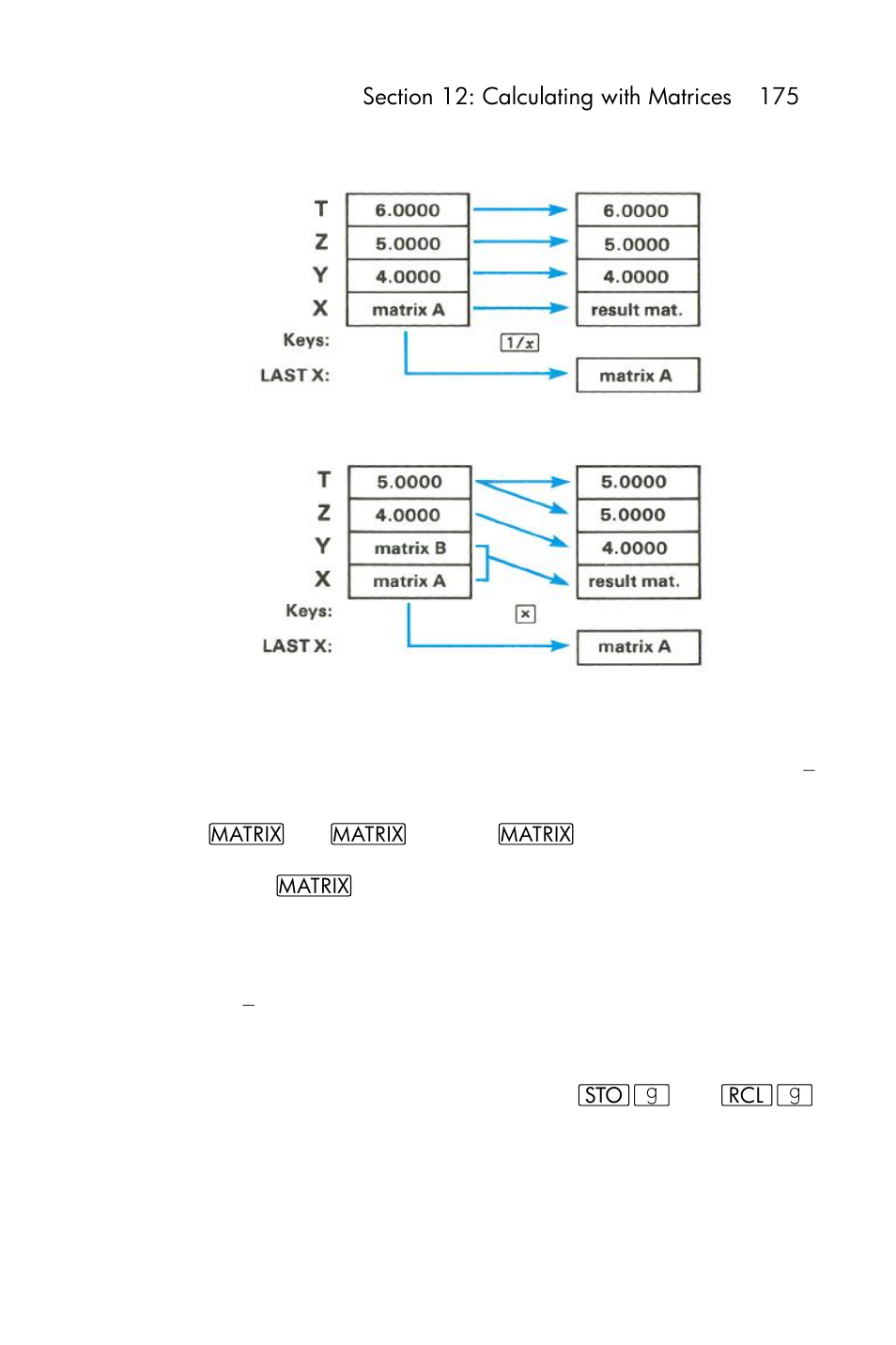 Conditional tests on matrix descriptors, Stack operation for matrix calculations | HP 15c User Manual | Page 175 / 288