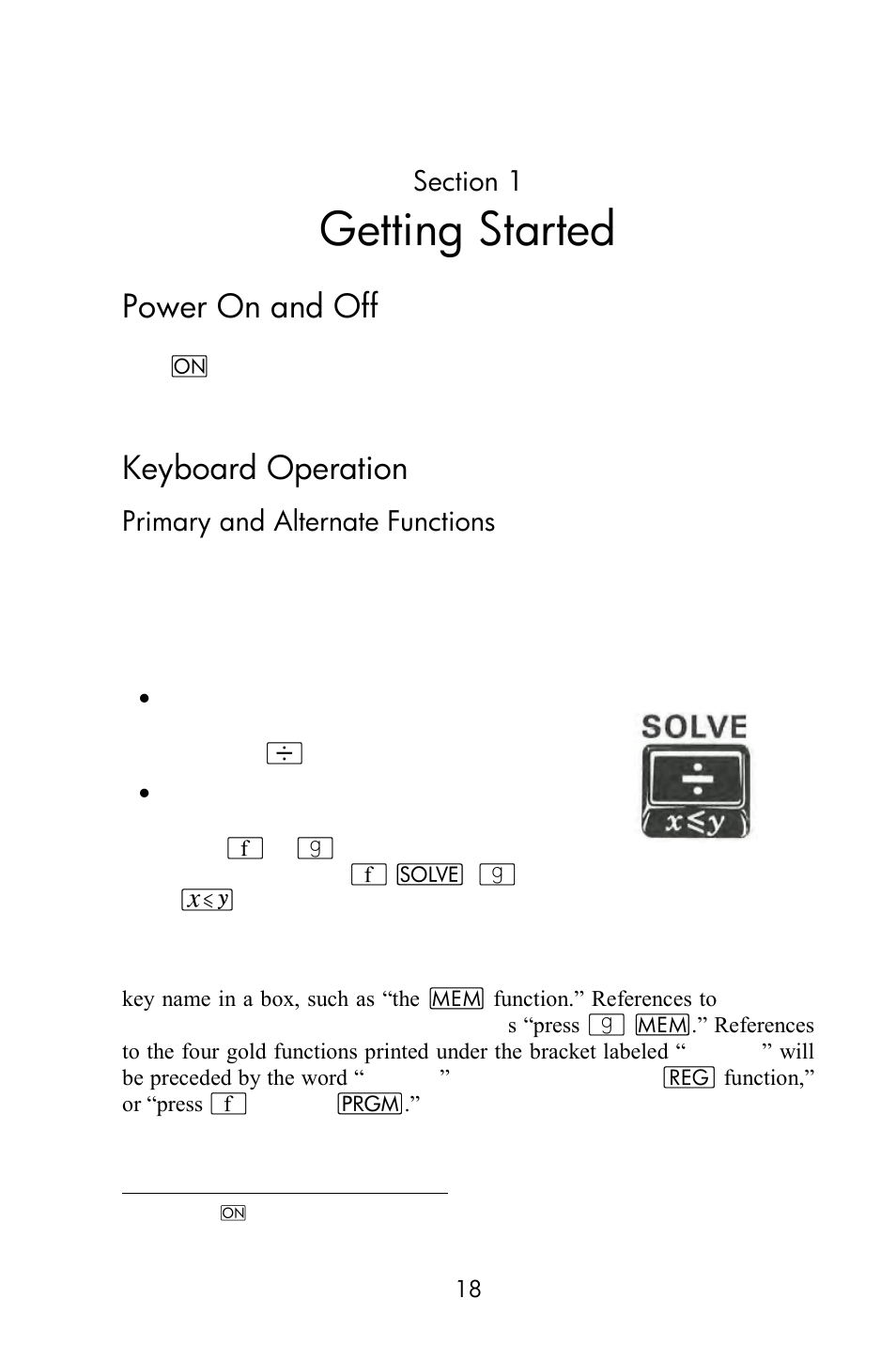 Section 1: getting started, Power on and off, Keyboard operation | Primary and alternate functions, Getting started | HP 15c User Manual | Page 18 / 288