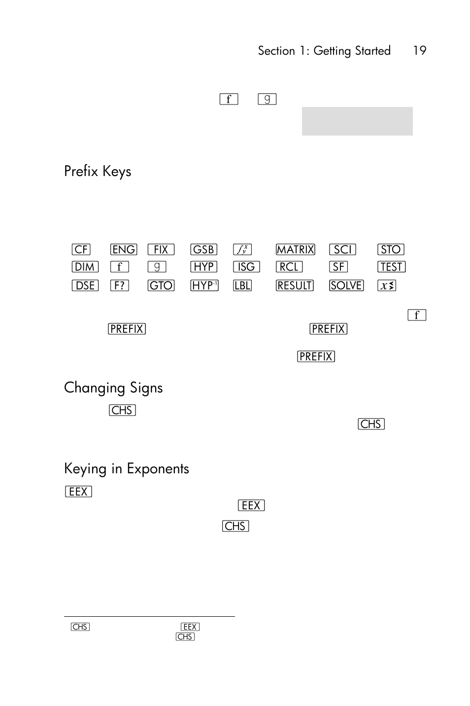 Prefix keys, Changing signs, Keying in exponents | HP 15c User Manual | Page 19 / 288