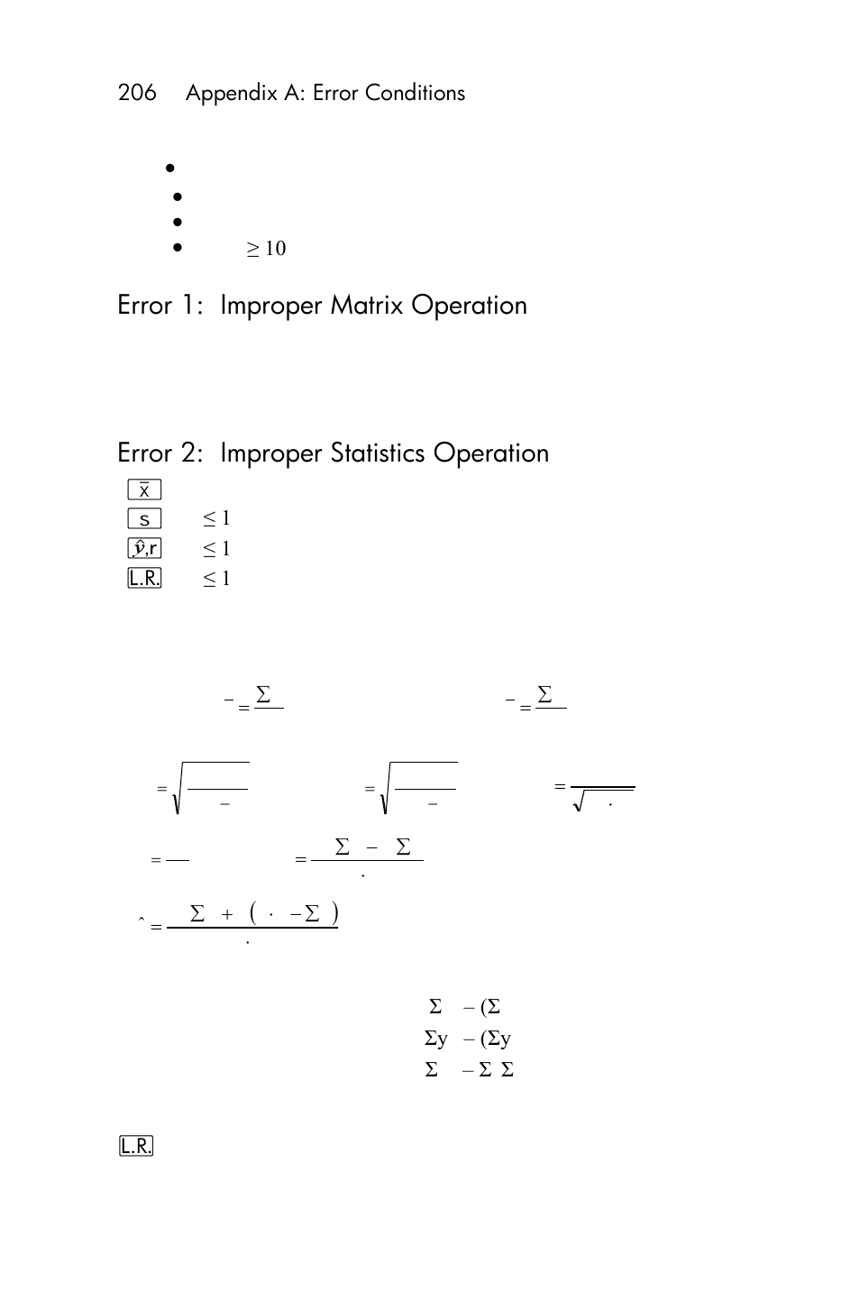 Appendix a: error conditions, Error 1: improper matrix operation, Error 2: improper statistics operation | HP 15c User Manual | Page 206 / 288