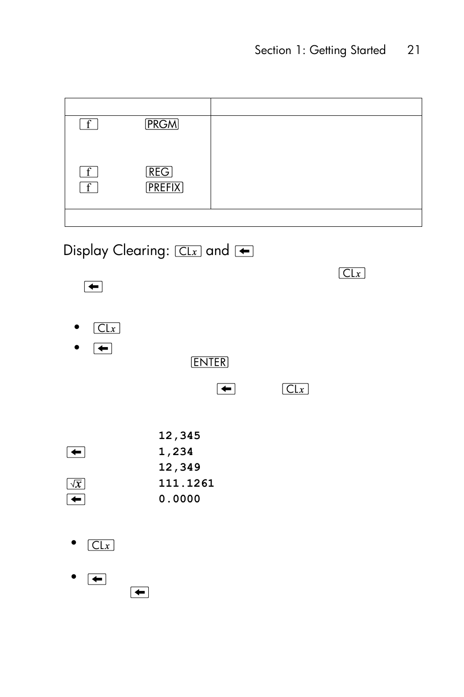 Display clearing: ` and, Calculations, Display clearing | HP 15c User Manual | Page 21 / 288