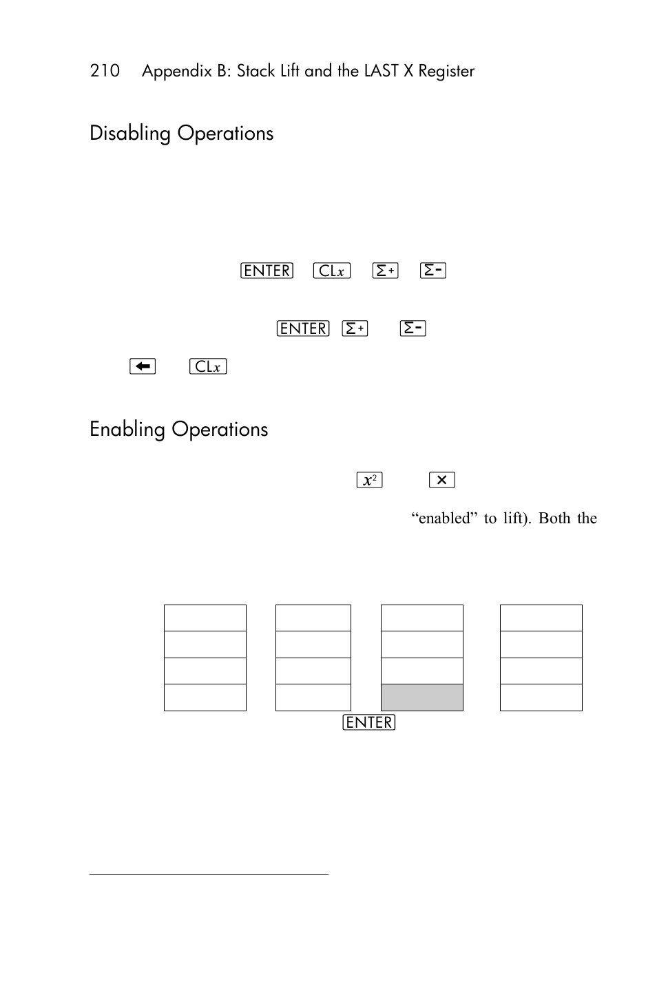 Appendix b: stack lift and the, Last x register, Digit entry termination | Stack lift, Disabling operations, Enabling operations | HP 15c User Manual | Page 210 / 288