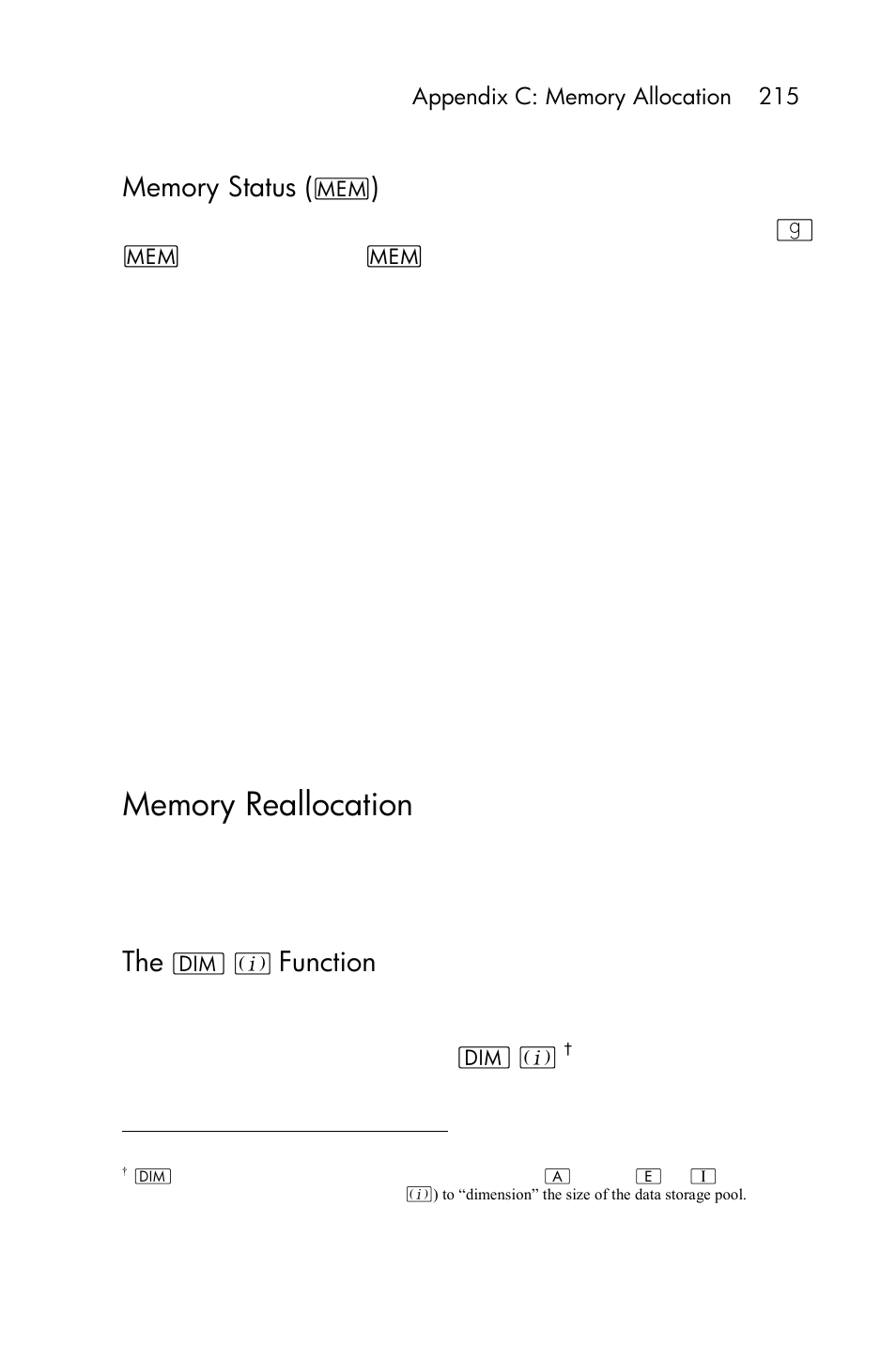 Memory status (w), Function | HP 15c User Manual | Page 215 / 288