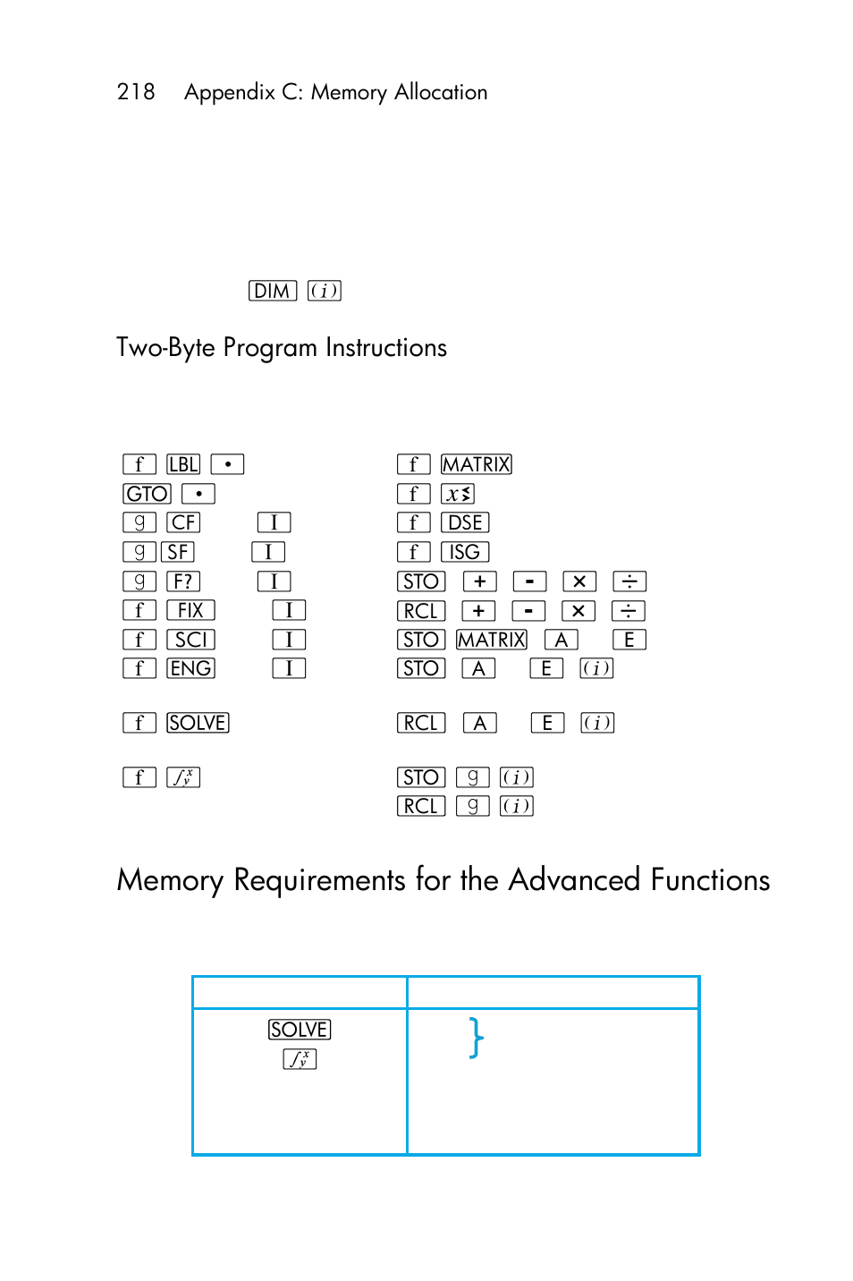 Program memory, Automatic program memory reallocation, Two-byte program instructions | HP 15c User Manual | Page 218 / 288