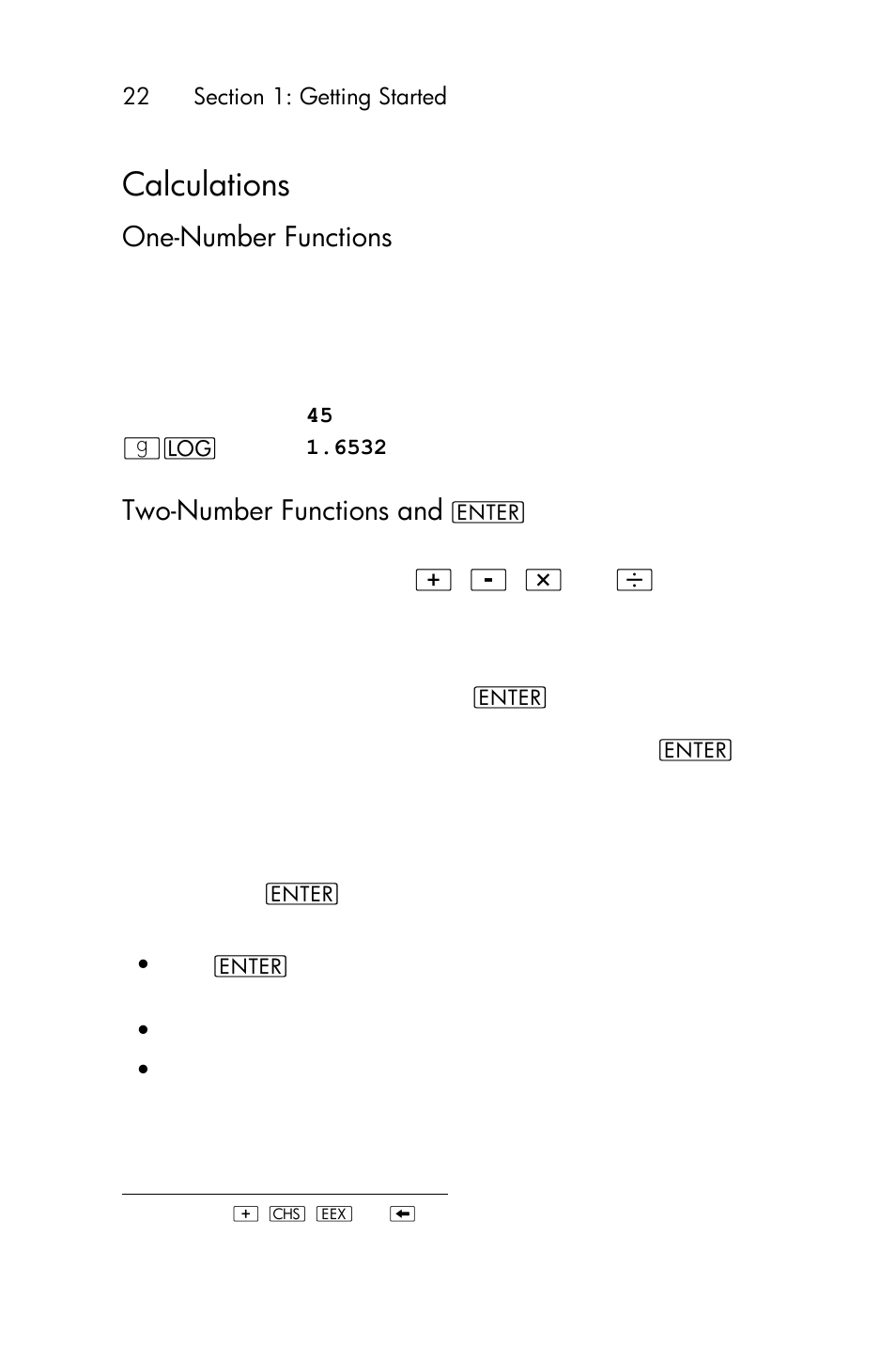 One-number functions, Two-number functions and v, Calculations | Two-number functions and | HP 15c User Manual | Page 22 / 288