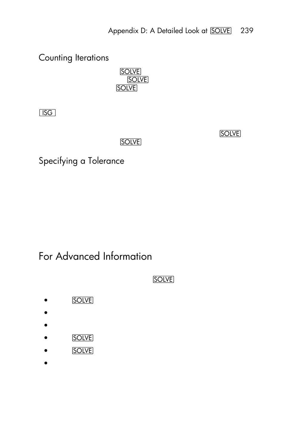 Limiting the estimation time, For advanced information, Counting iterations | Specifying a tolerance | HP 15c User Manual | Page 239 / 288