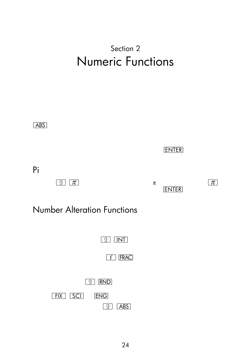 Section 2: numeric functions, Number alteration functions, Numeric functions | HP 15c User Manual | Page 24 / 288