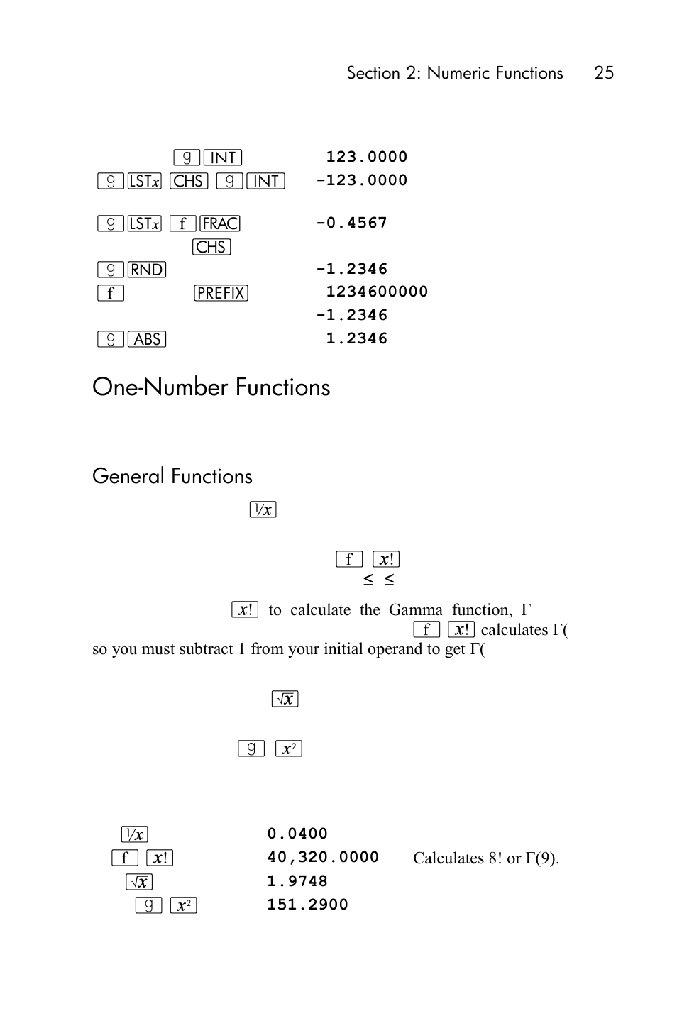 One-number functions, General functions | HP 15c User Manual | Page 25 / 288