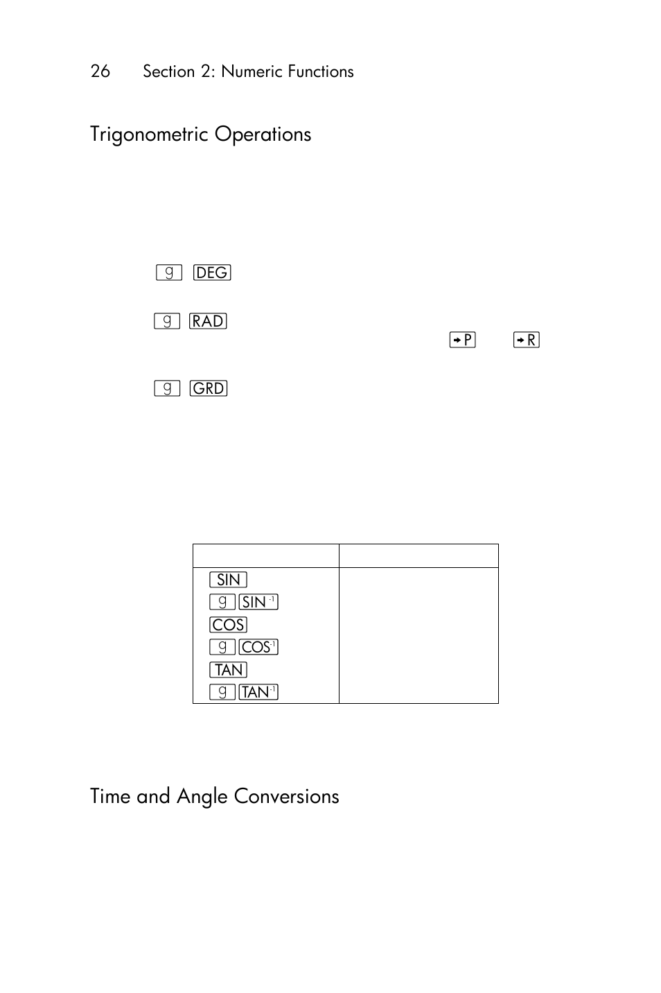 Trigonometric operations, Time and angle conversions | HP 15c User Manual | Page 26 / 288