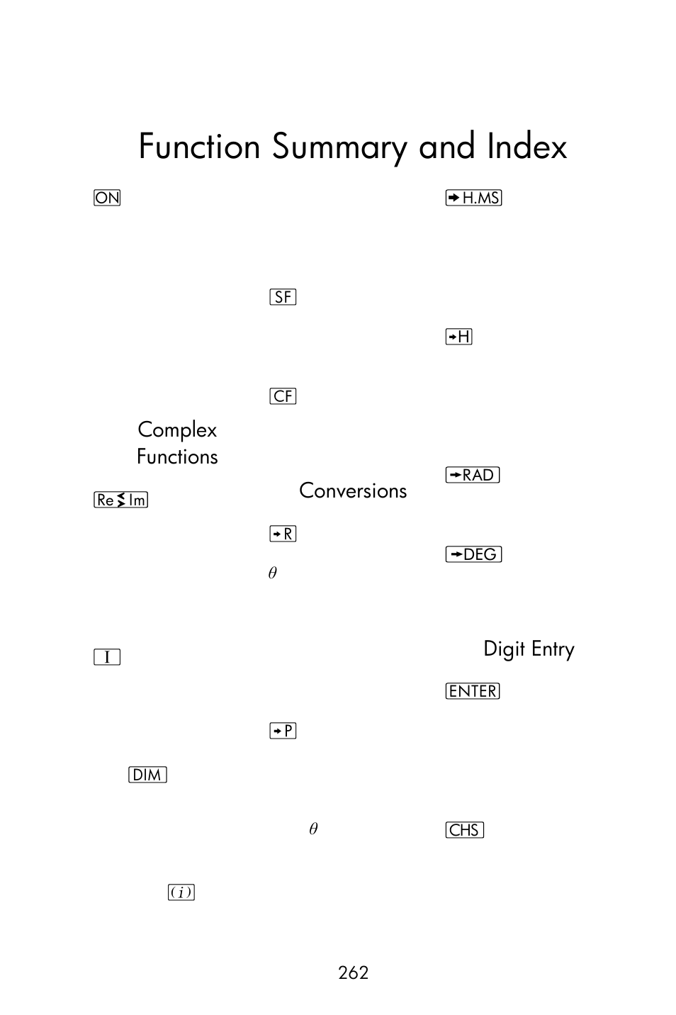 Verifying proper operation (self-tests), Function summary and index | HP 15c User Manual | Page 262 / 288