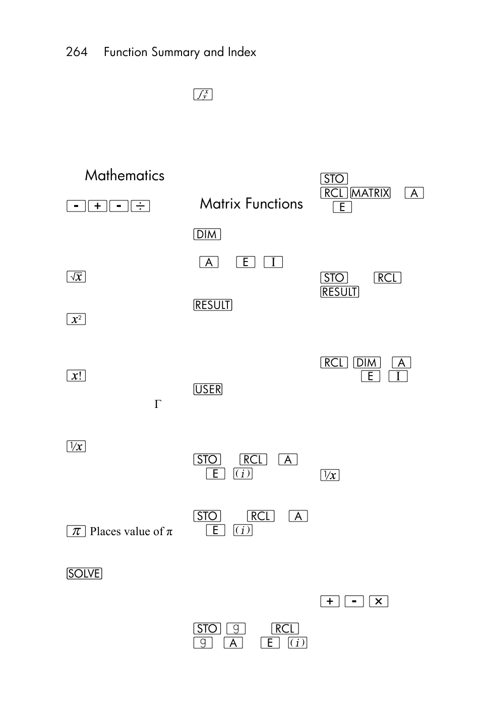 Display control, Hyperbolic functions, Index register control | Logarithmic and exponential functions, Mathematics, Matrix functions | HP 15c User Manual | Page 264 / 288