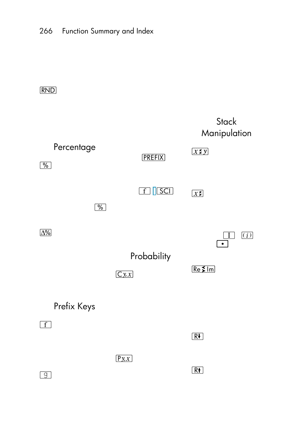 Percentage, Prefix keys, Probability | Stack manipulation | HP 15c User Manual | Page 266 / 288