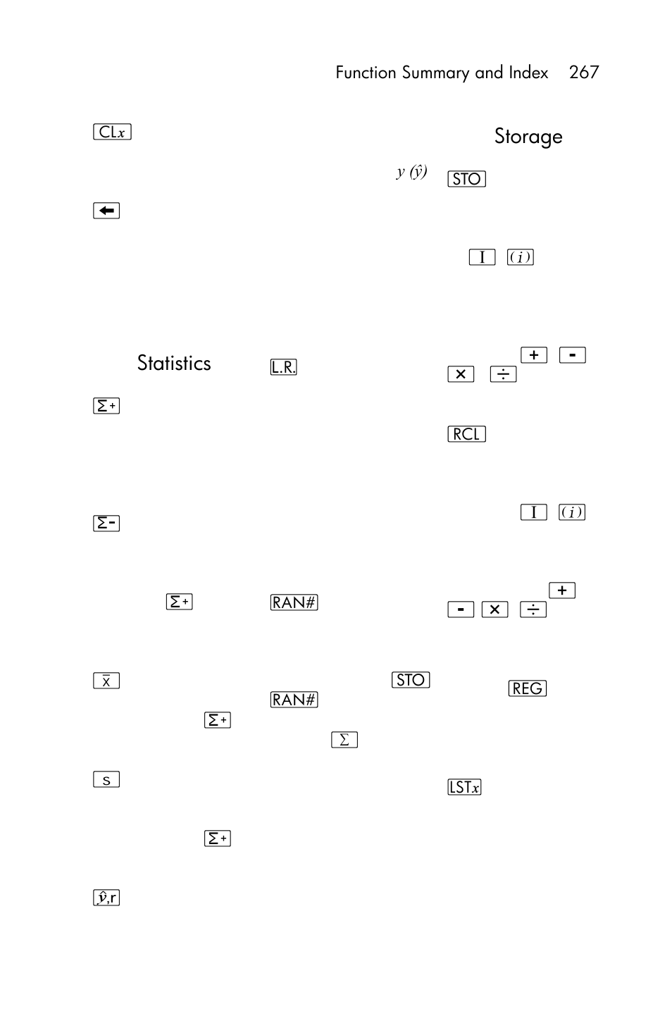 Percentage, Prefix keys, Probability | Stack manipulation, Statistics, Storage | HP 15c User Manual | Page 267 / 288