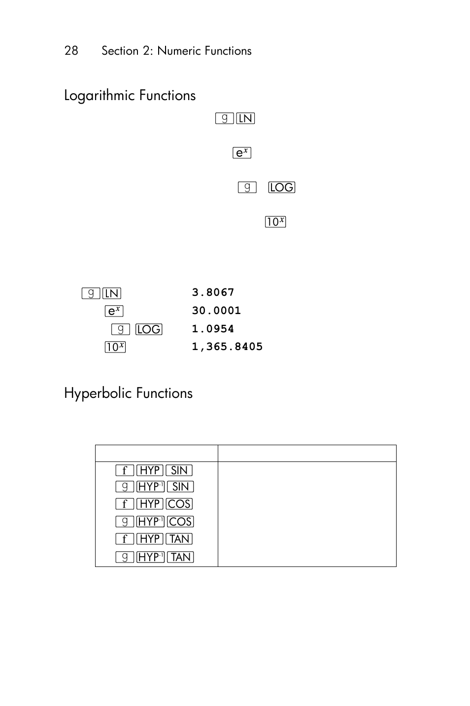 Logarithmic functions, Hyperbolic functions, Two-number functions | HP 15c User Manual | Page 28 / 288