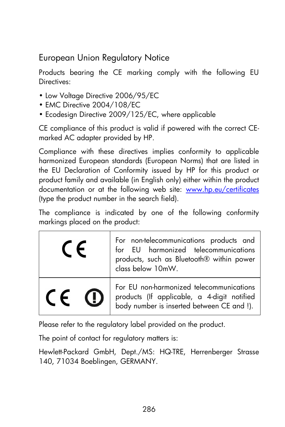 European union regulatory notice | HP 15c User Manual | Page 286 / 288