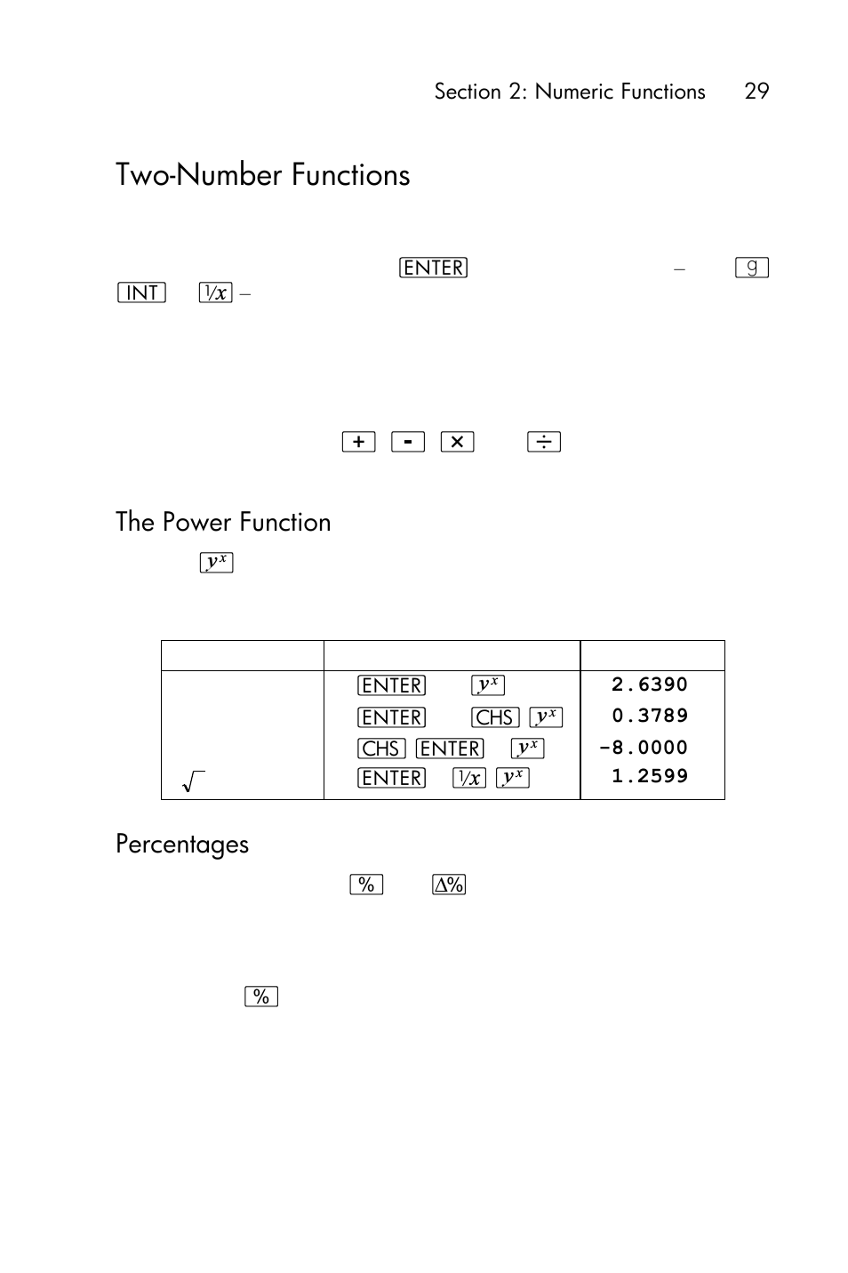 The power function, Percentages, Two-number functions | HP 15c User Manual | Page 29 / 288