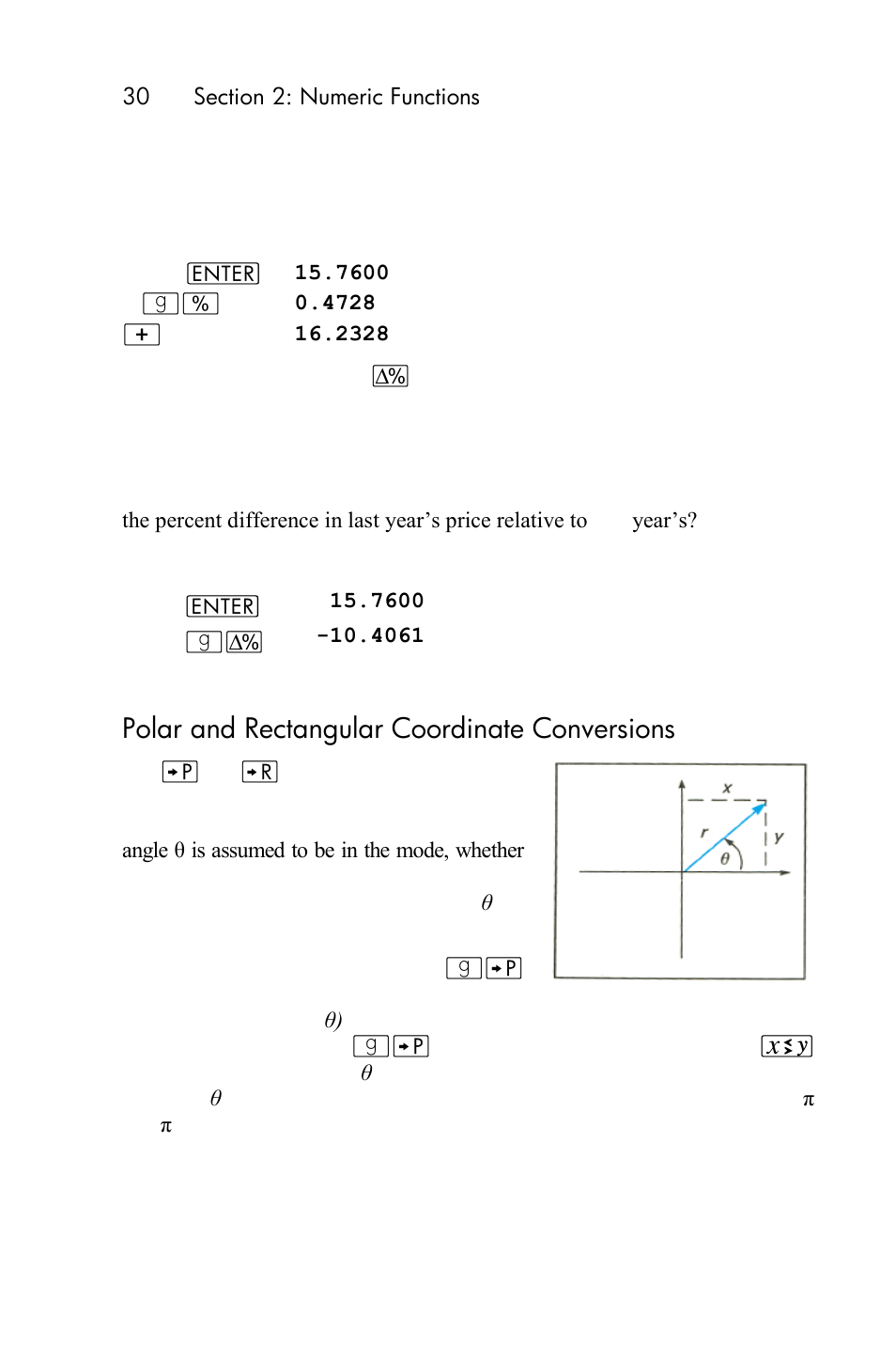Polar and rectangular coordinate conversions | HP 15c User Manual | Page 30 / 288