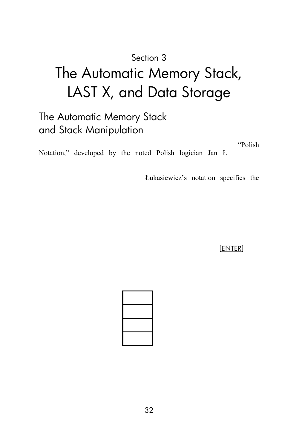 Section 3: the automatic memory stack, last x, and, Data storage, The automatic memory stack and stack manipulation | HP 15c User Manual | Page 32 / 288