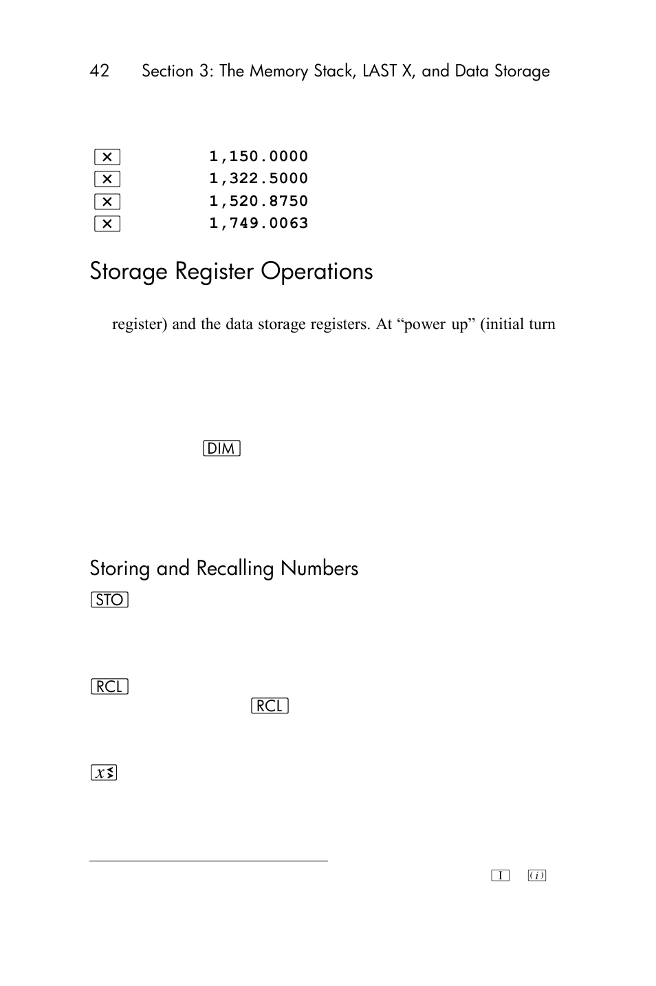 Storage register operations, Storing and recalling numbers | HP 15c User Manual | Page 42 / 288