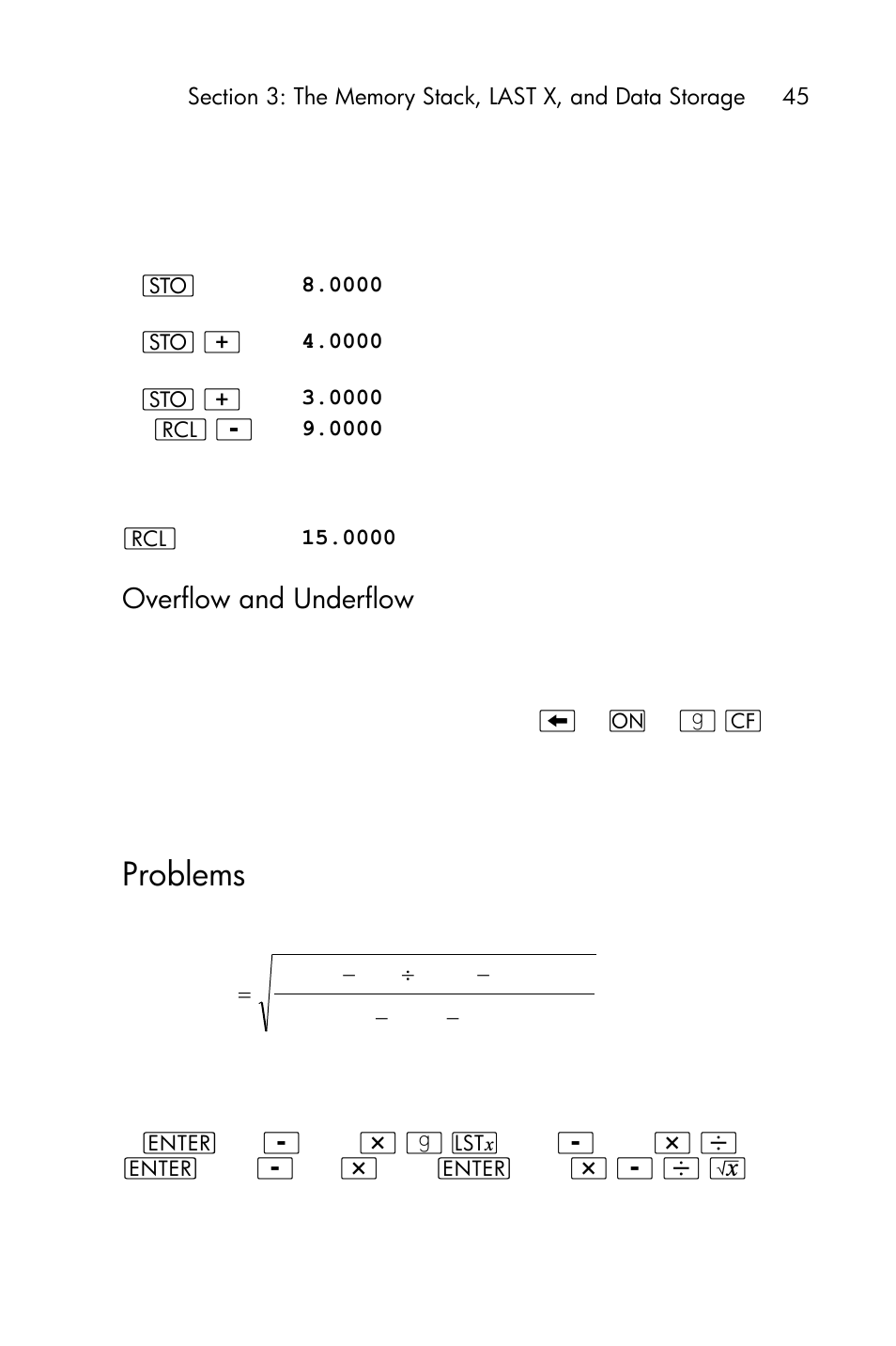 Overflow and underflow, Problems | HP 15c User Manual | Page 45 / 288