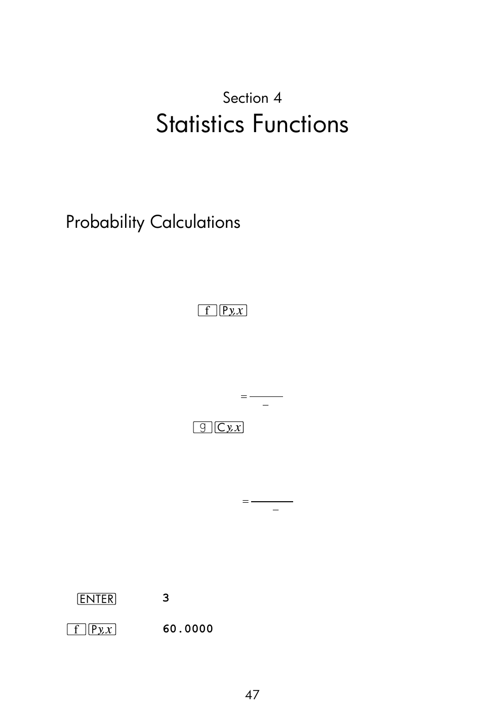 Section 4: statistics functions, Probability calculations, Statistics functions | HP 15c User Manual | Page 47 / 288