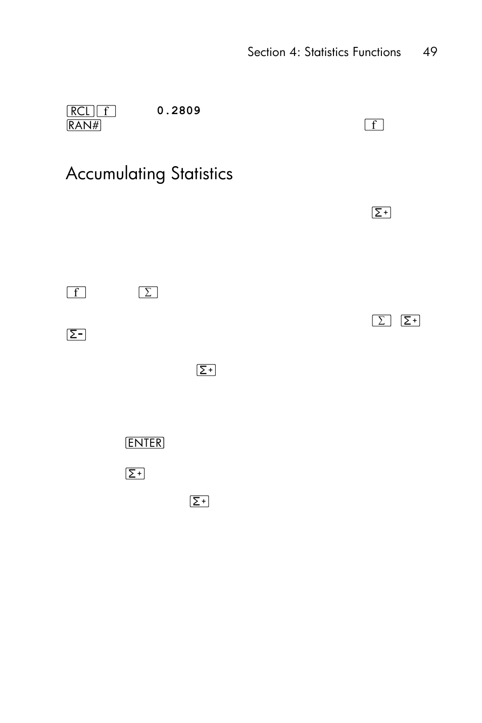 Accumulating statistics | HP 15c User Manual | Page 49 / 288