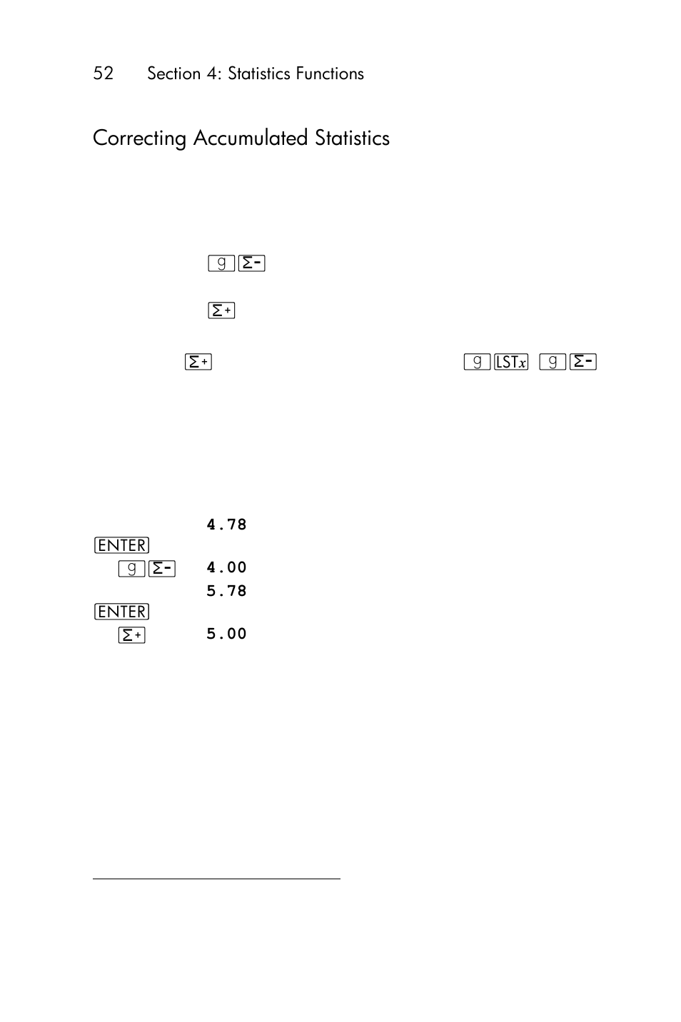 Correcting accumulated statistics | HP 15c User Manual | Page 52 / 288