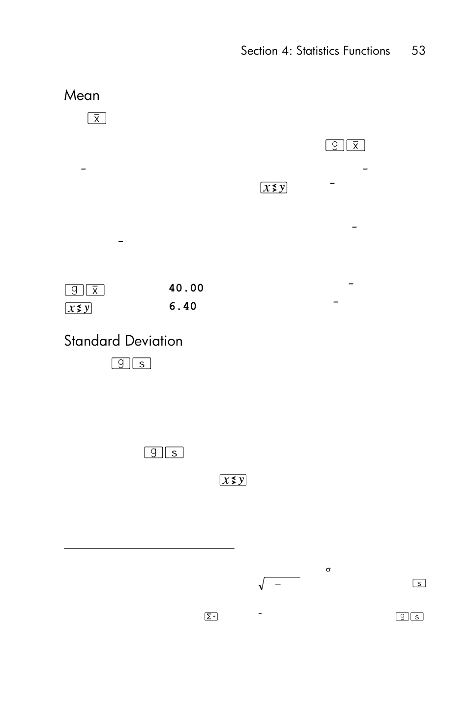 Mean, Standard deviation, Example | HP 15c User Manual | Page 53 / 288