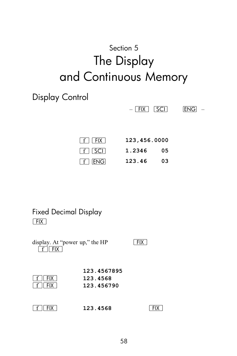 Section 5: the display and continuous memory, Display control, Fixed decimal display | HP 15c User Manual | Page 58 / 288