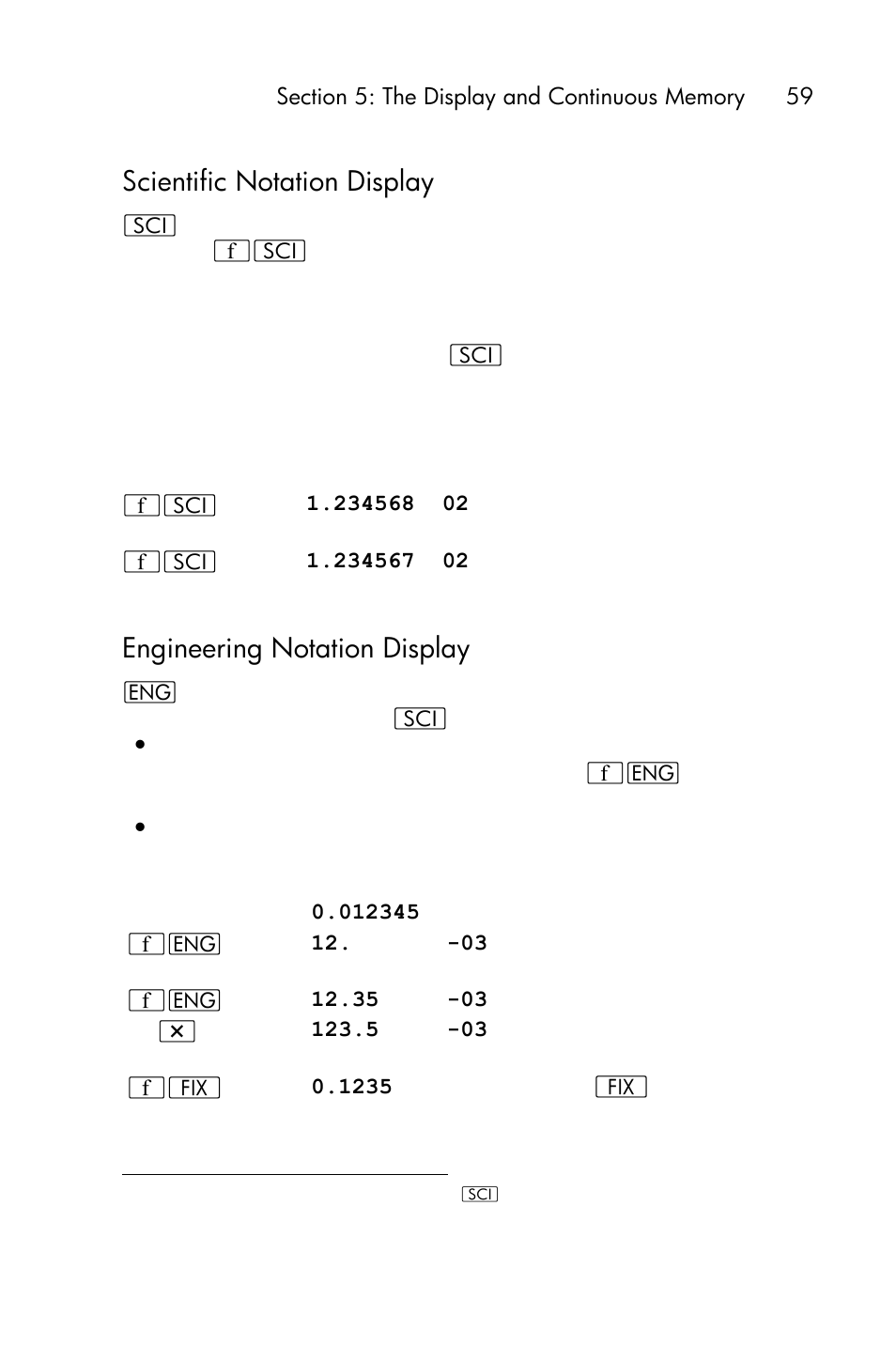 Scientific notation display, Engineering notation display, Mantissa display | HP 15c User Manual | Page 59 / 288