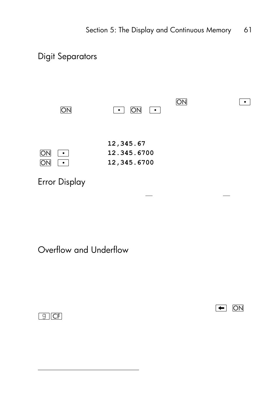Error display, Overflow and underflow, Digit separators | HP 15c User Manual | Page 61 / 288