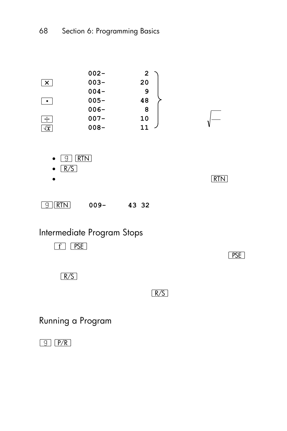 Intermediate program stops, Running a program | HP 15c User Manual | Page 68 / 288