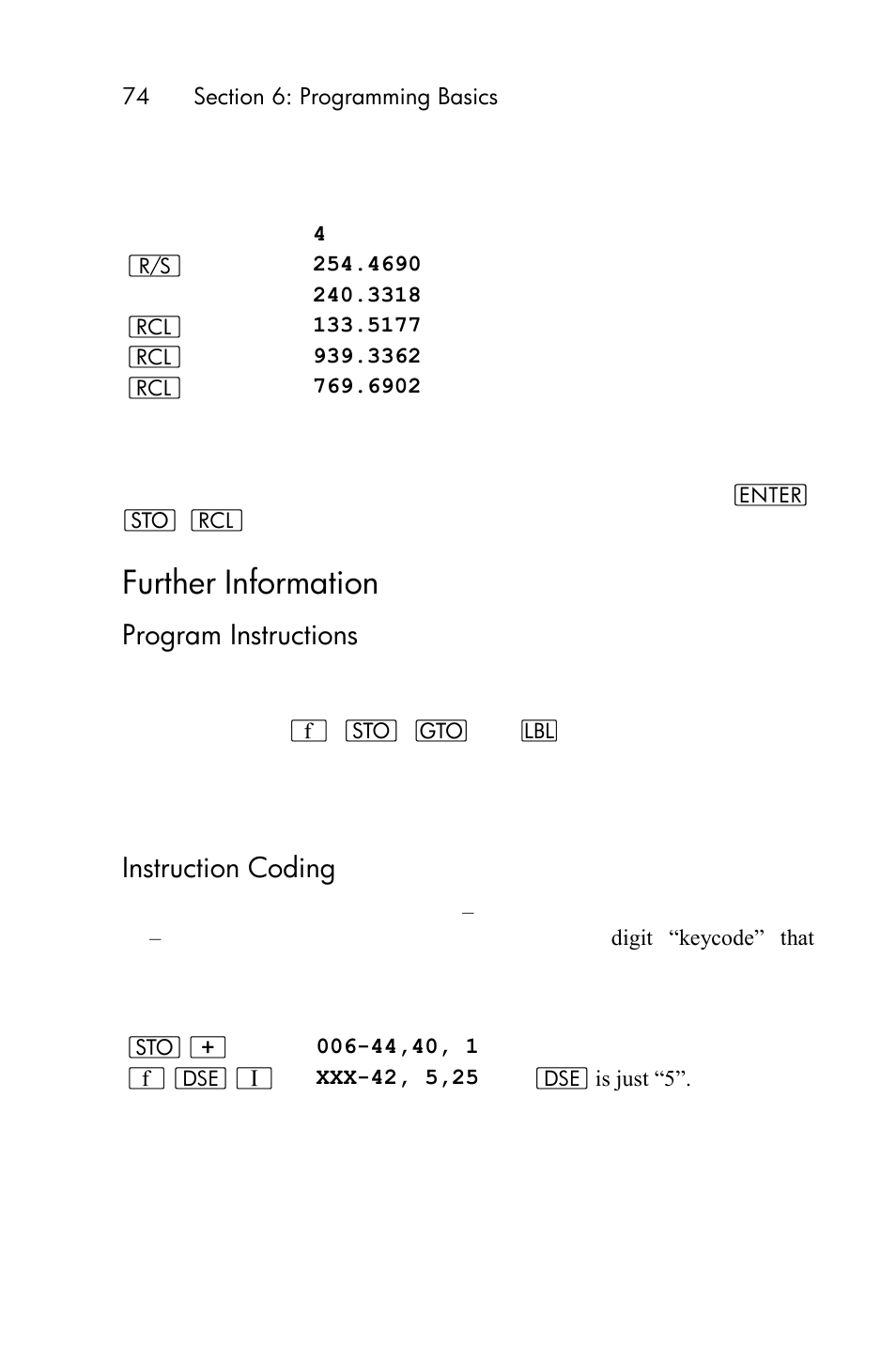 Further information, Program instructions, Instruction coding | HP 15c User Manual | Page 74 / 288