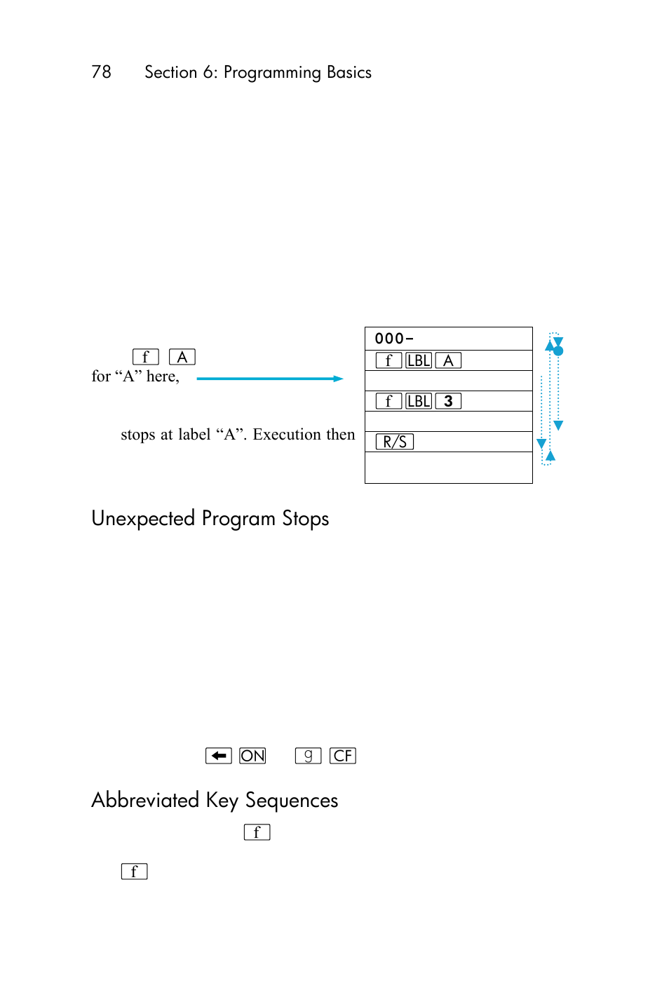 Unexpected program stops, Abbreviated key sequences | HP 15c User Manual | Page 78 / 288