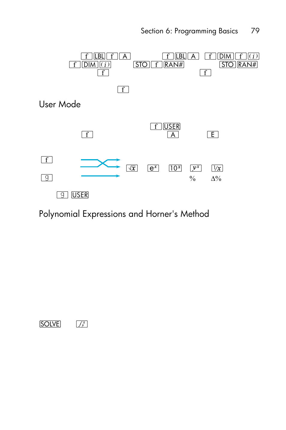 User mode, Polynomial expressions and horner's method | HP 15c User Manual | Page 79 / 288