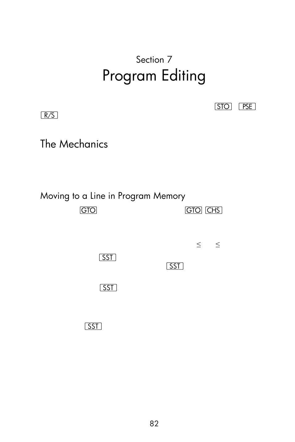 Section 7: program editing, The mechanics, Moving to a line in program memory | Program editing | HP 15c User Manual | Page 82 / 288