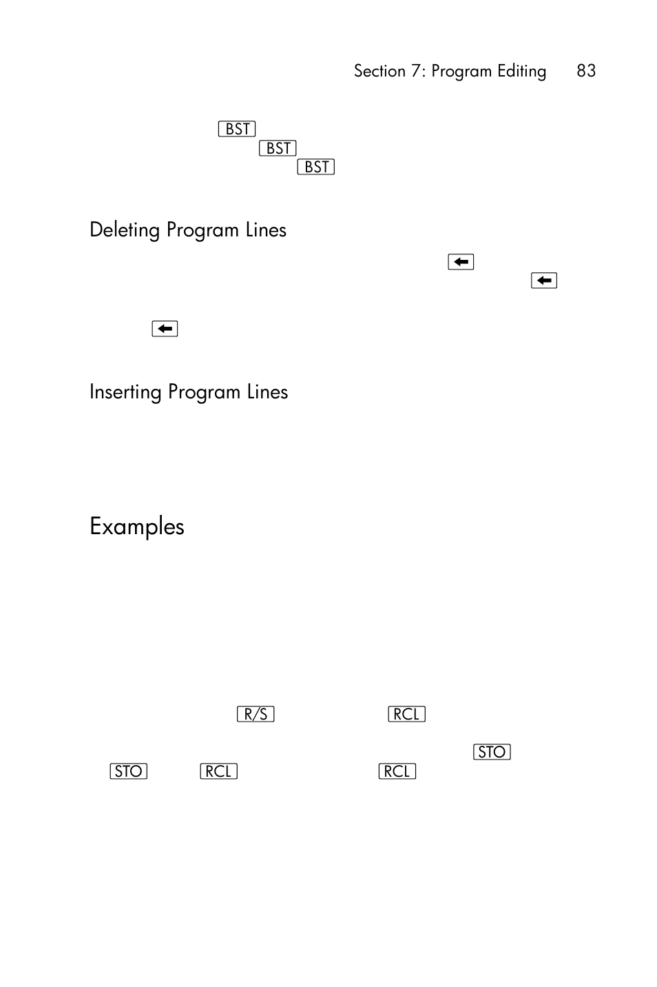 Deleting program lines, Inserting program lines, Examples | HP 15c User Manual | Page 83 / 288