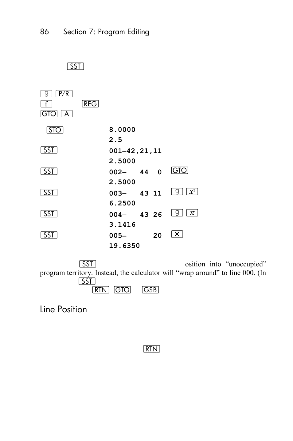 Line position, Insertions and deletions | HP 15c User Manual | Page 86 / 288