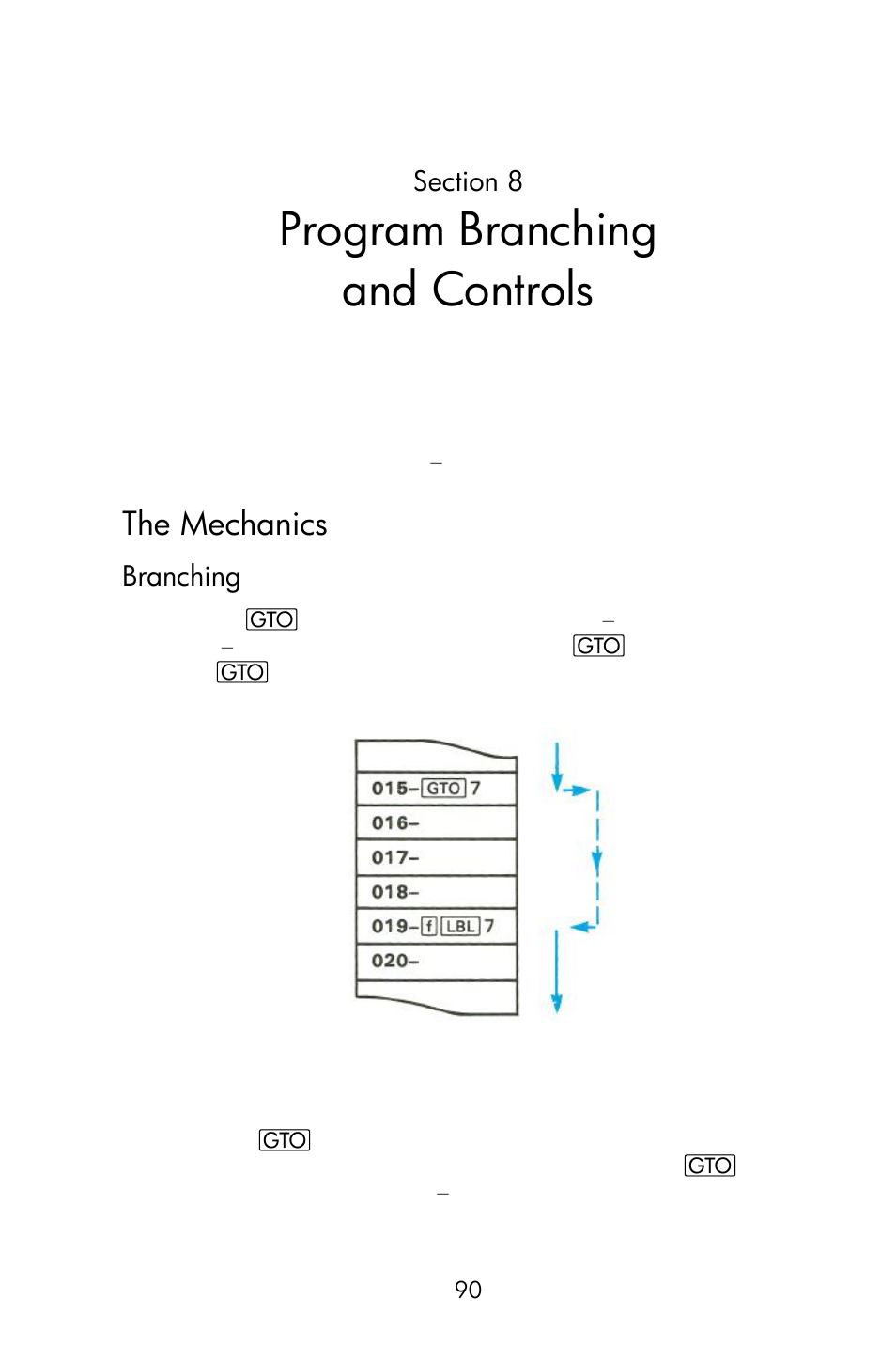 Section 8: program branching and controls, The mechanics, Branching | Program branching and controls | HP 15c User Manual | Page 90 / 288